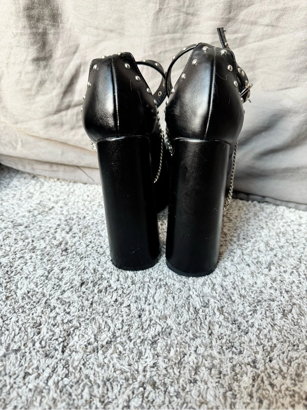 Black Platform Mary Jane Heels with Silver Studs & Chain Trim